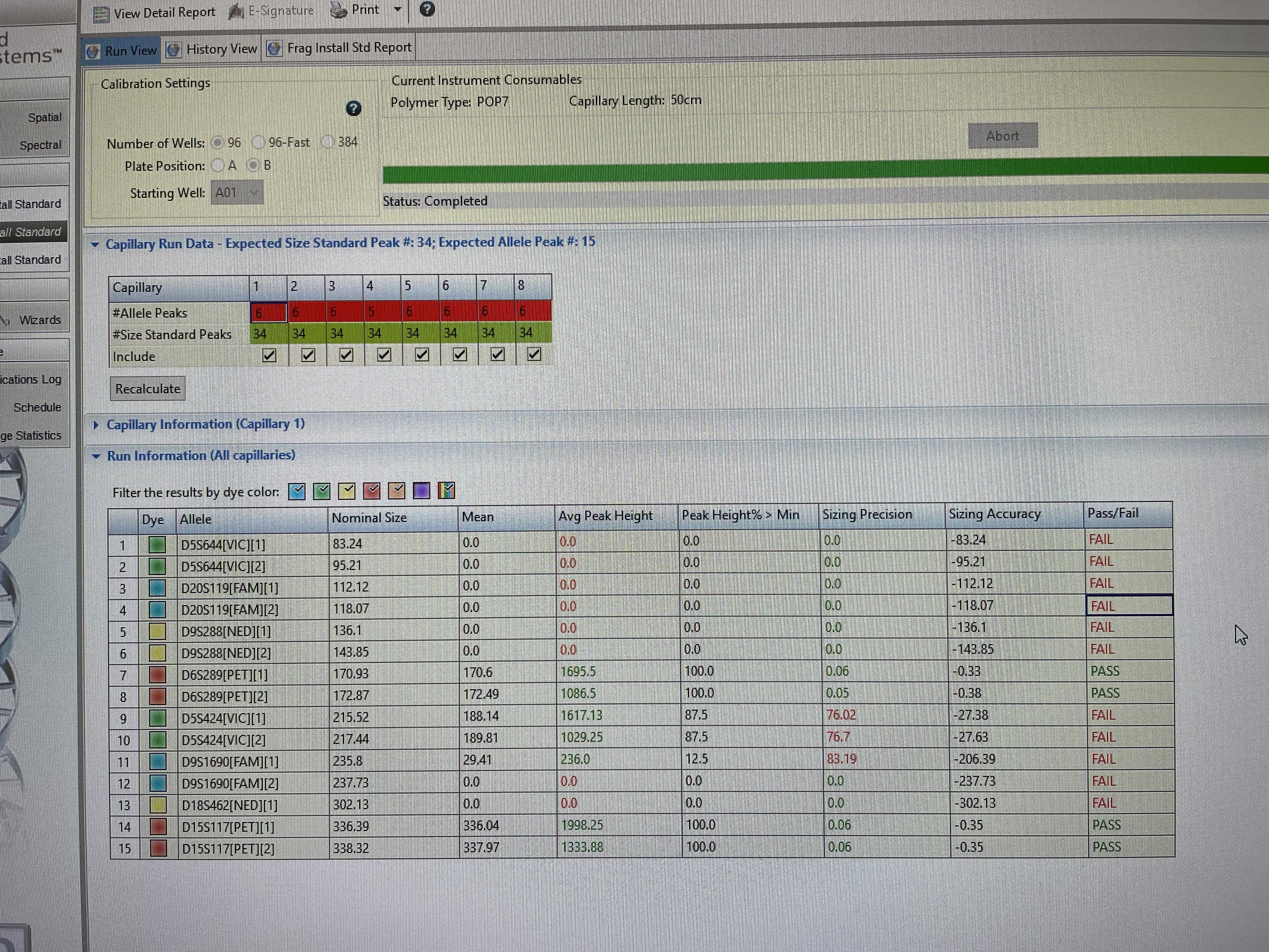 Poor ABI 3500 capillary run data 2