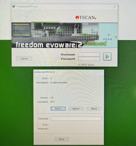 Tecan Freedom EVOware Error 2 invalid command Device C5 software screenshot